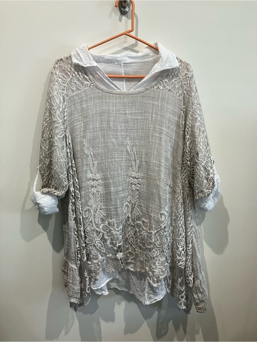 Lagenlook Lace Embroidered Taupe Tunic and White Cotton Shirt